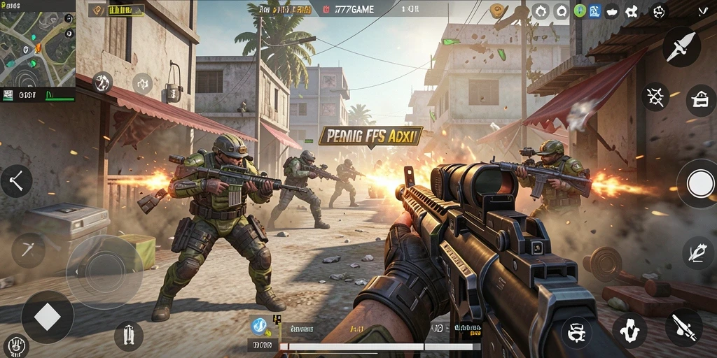 Tampilan screenshot utama A777GAME menampilkan aksi tembak-menembak yang intens.