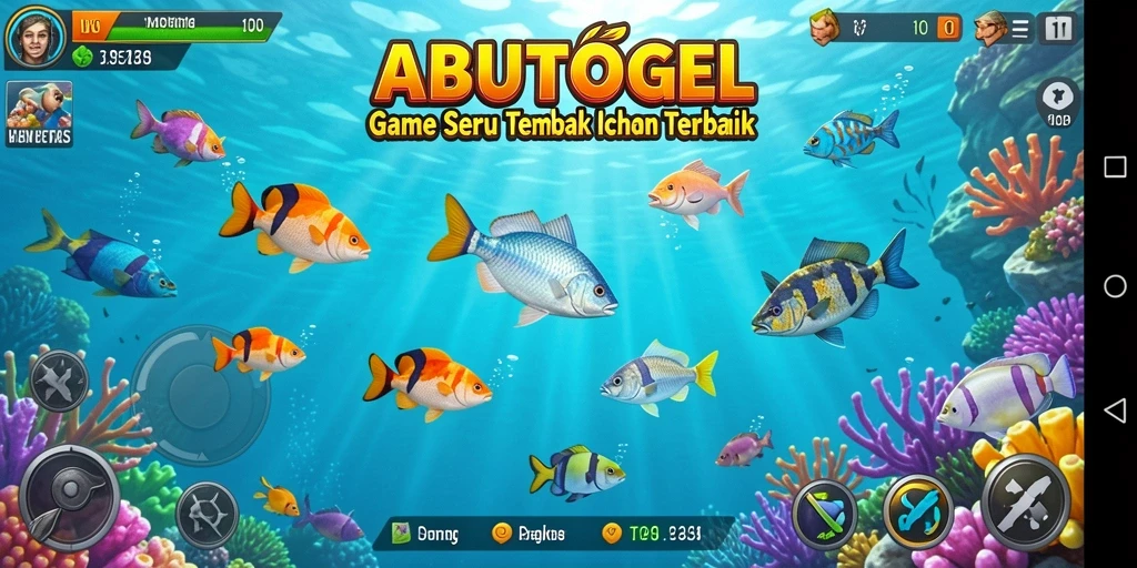 Gameplay seru ABUTOGEL dengan banyak ikan berwarna-warni.