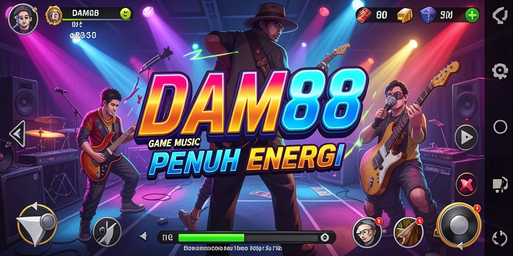 Screenshot menunjukkan gameplay seru dengan berbagai pilihan lagu.