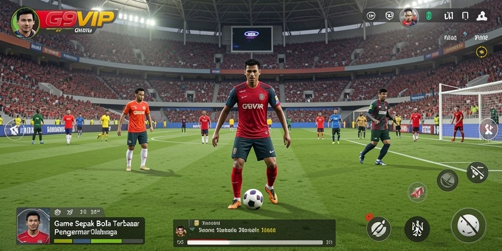 Tampilan screenshot G9VIP yang menunjukkan aksi seru di pertandingan sepak bola.