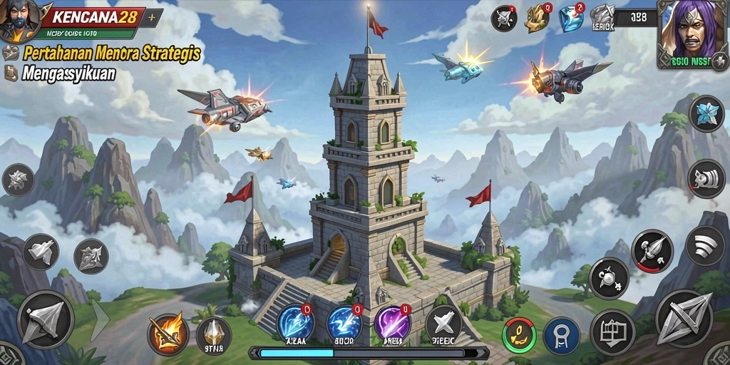 Screenshot gameplay KENCANA28 yang menampilkan aksi menara pertahanan melawan gelombang musuh.