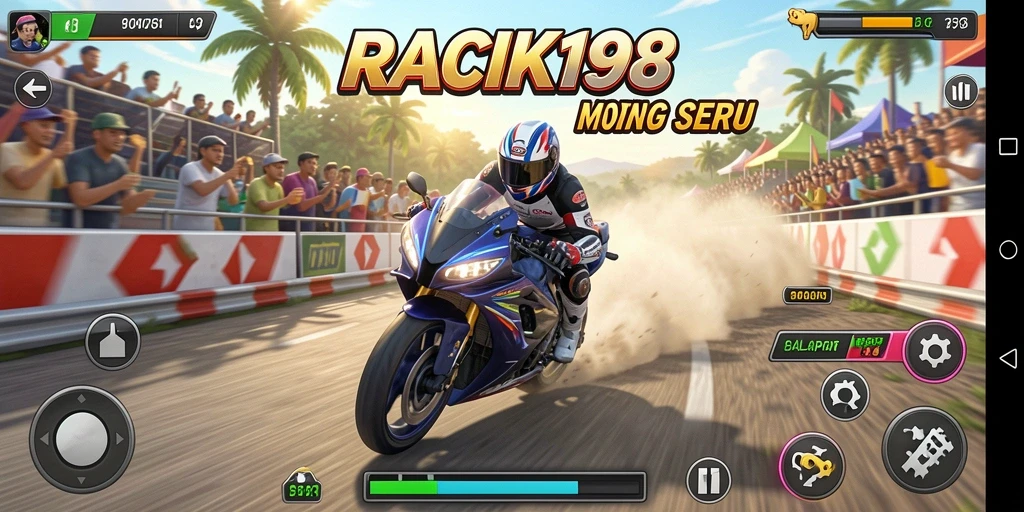 Tampilan gameplay balapan seru di RACIK198 dengan berbagai motor.