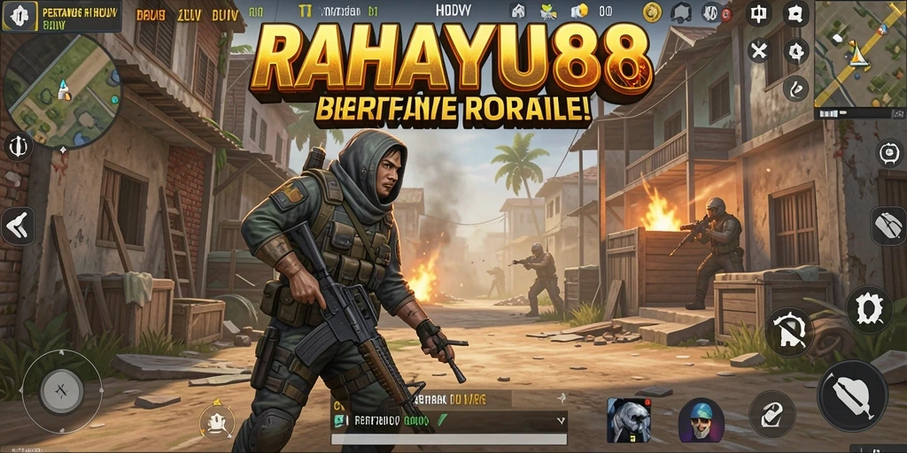 Tampilan aksi dinamis dalam <strong>RAHAYU88</strong> saat bertarung di arena Battle Royale.