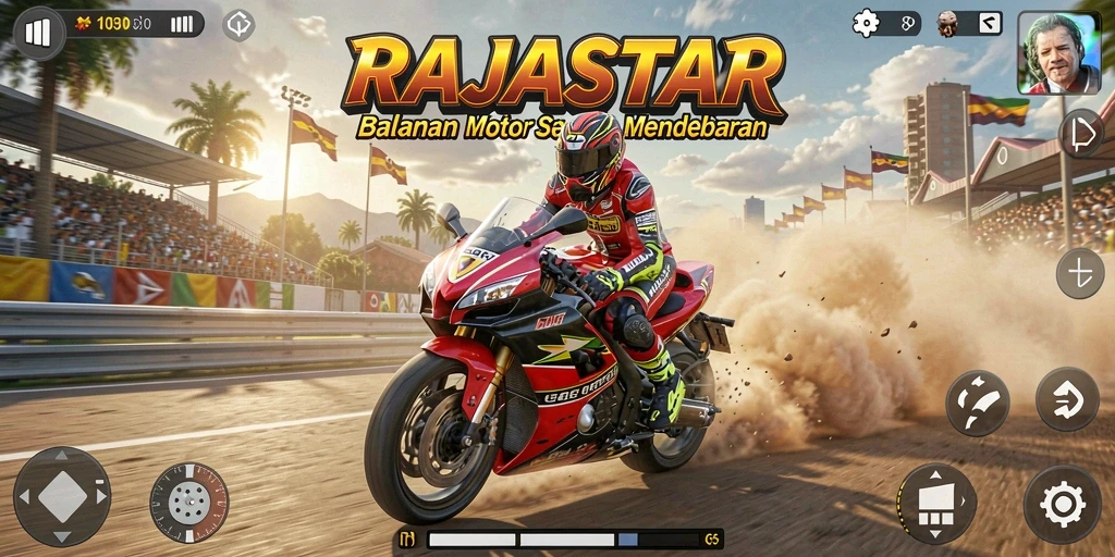 Screenshot gameplay RAJASTAR dengan aksi balapan motor yang seru.