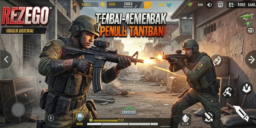Gameplay seru REZEGO dengan aksi tembak-menembak yang intens.