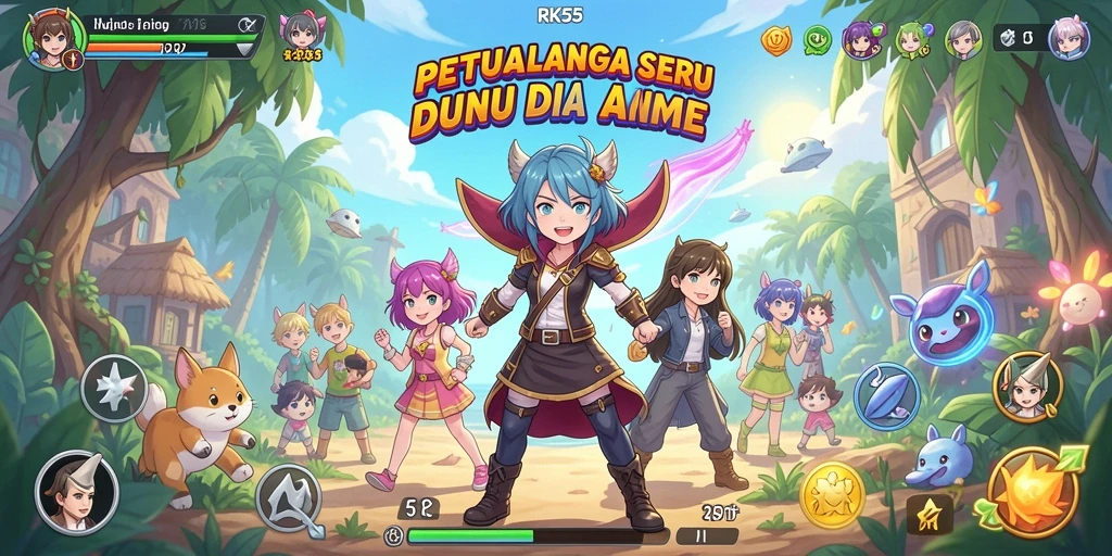 Tangkapan layar gameplay RK55 yang menampilkan karakter anime dalam aksi penuh warna.