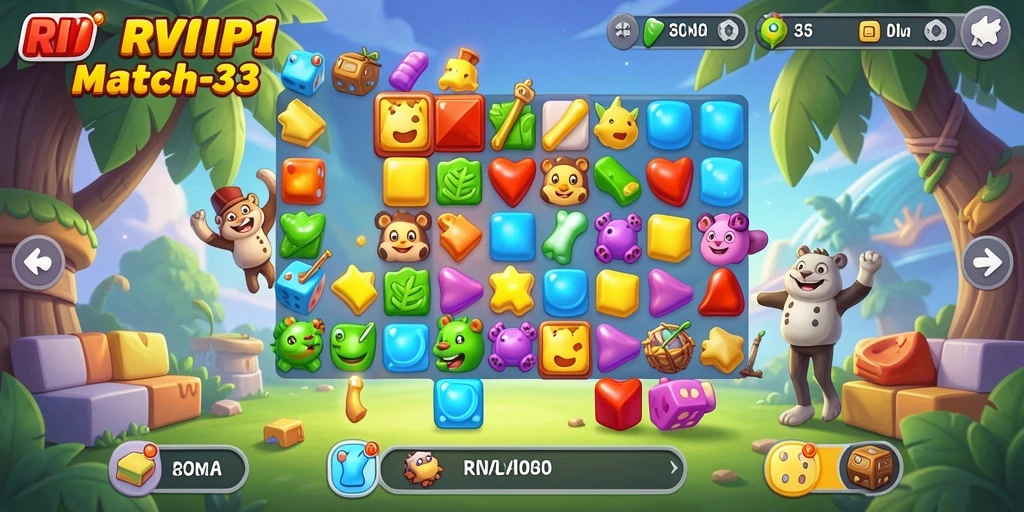 Tangkapan layar RVIP1 menampilkan gameplay Match-3 yang seru dan penuh warna.