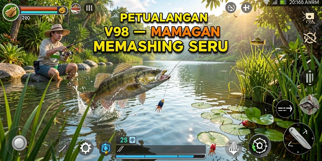 Gameplay V98 dengan berbagai jenis ikan dan lokasi memancing.